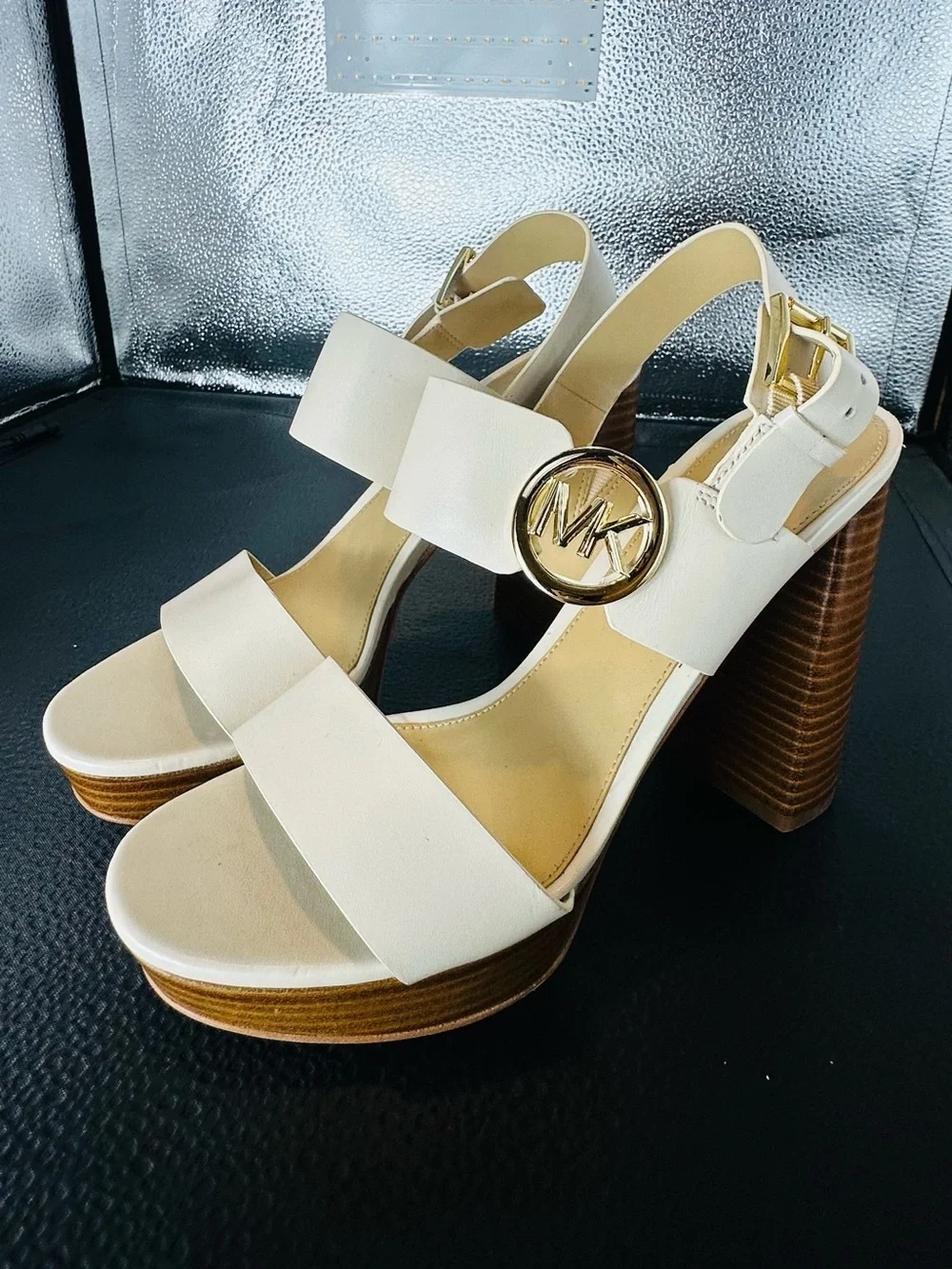 MICHAEL KORS Cream Leather Platform Block Heel Sandals with Gold MK Logo